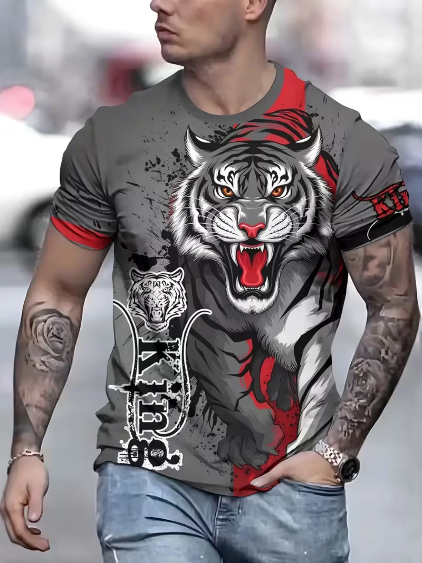 Men's Short Sleeve T-Shirt, Casual Slim-Fitting All-Over Print Tee, Outdoor Sporty Top, No Zipper, Unlined, All Seasons