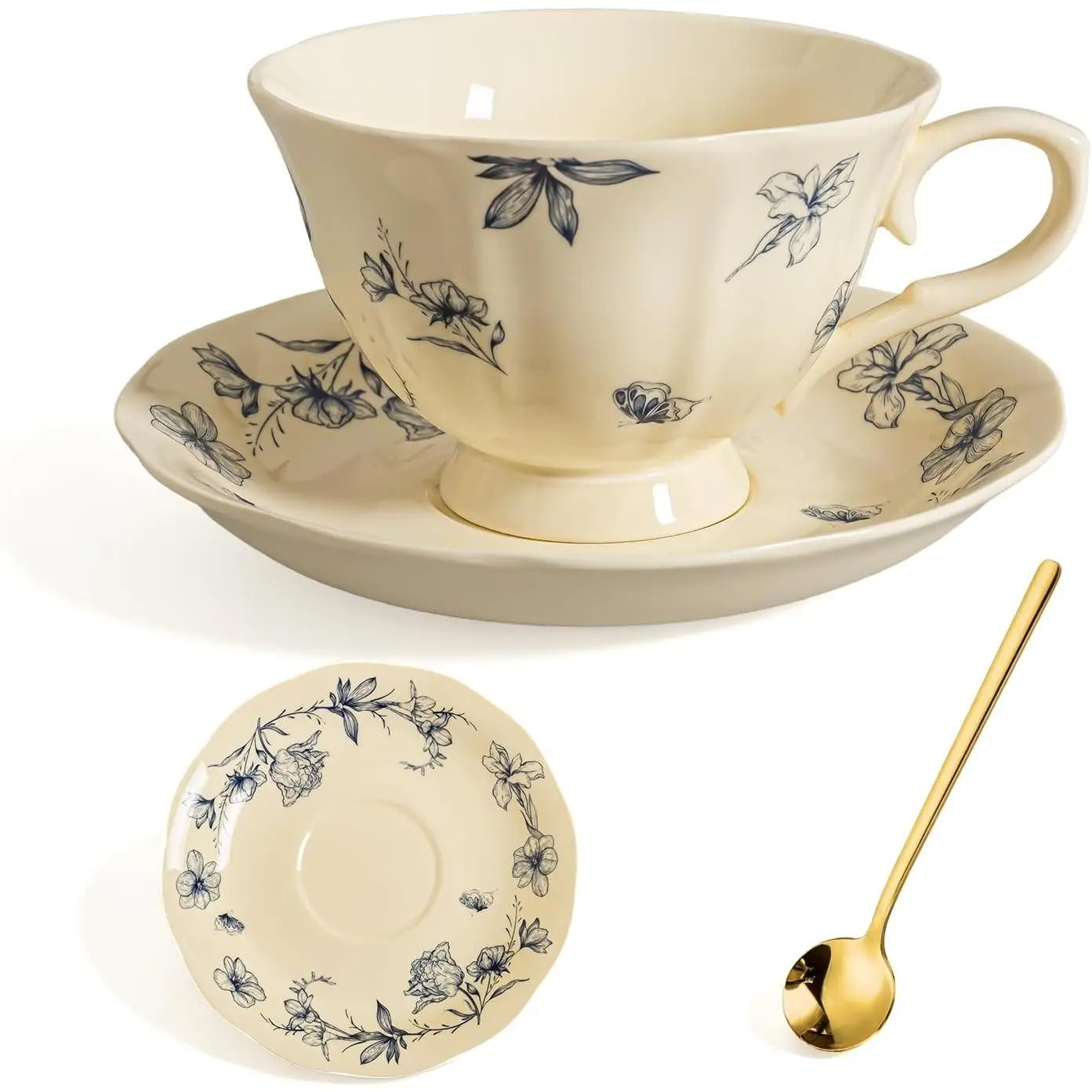 Vintage Fancy Porcelain Tea Cup and Saucer Set for 1, 8 oz Ceramic Coffee & Cappuccino Cup with Gold Spoon, Cream Blue Floral Design, Ideal Tea Party Gifts for Women