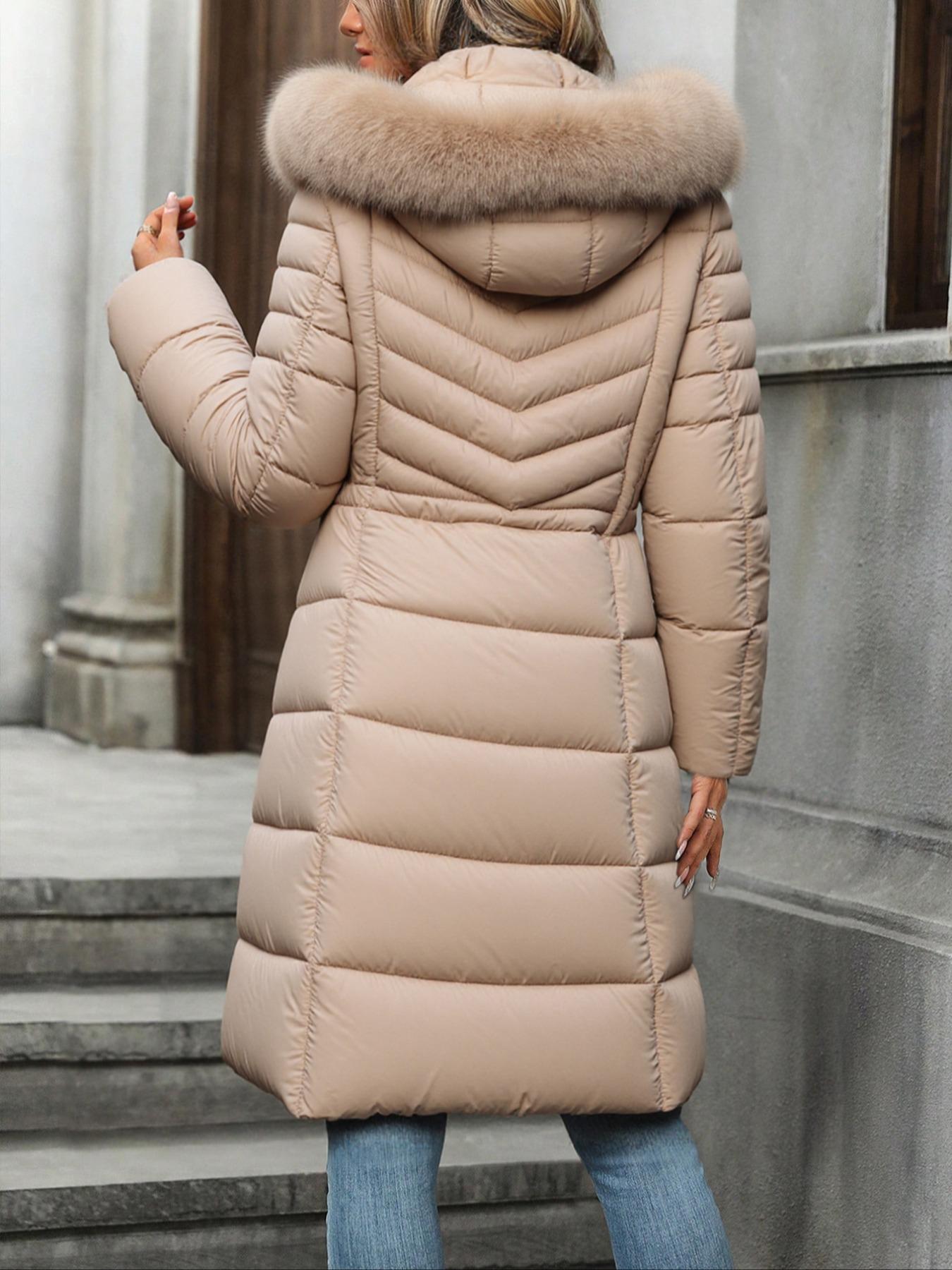 Women's Fall Winter Mid-Length Cotton Coat, Faux Fur Hood and Collar, Casual Fashion Outerwear with Side Pockets and Zipper Design, Quilted Puffer Coat