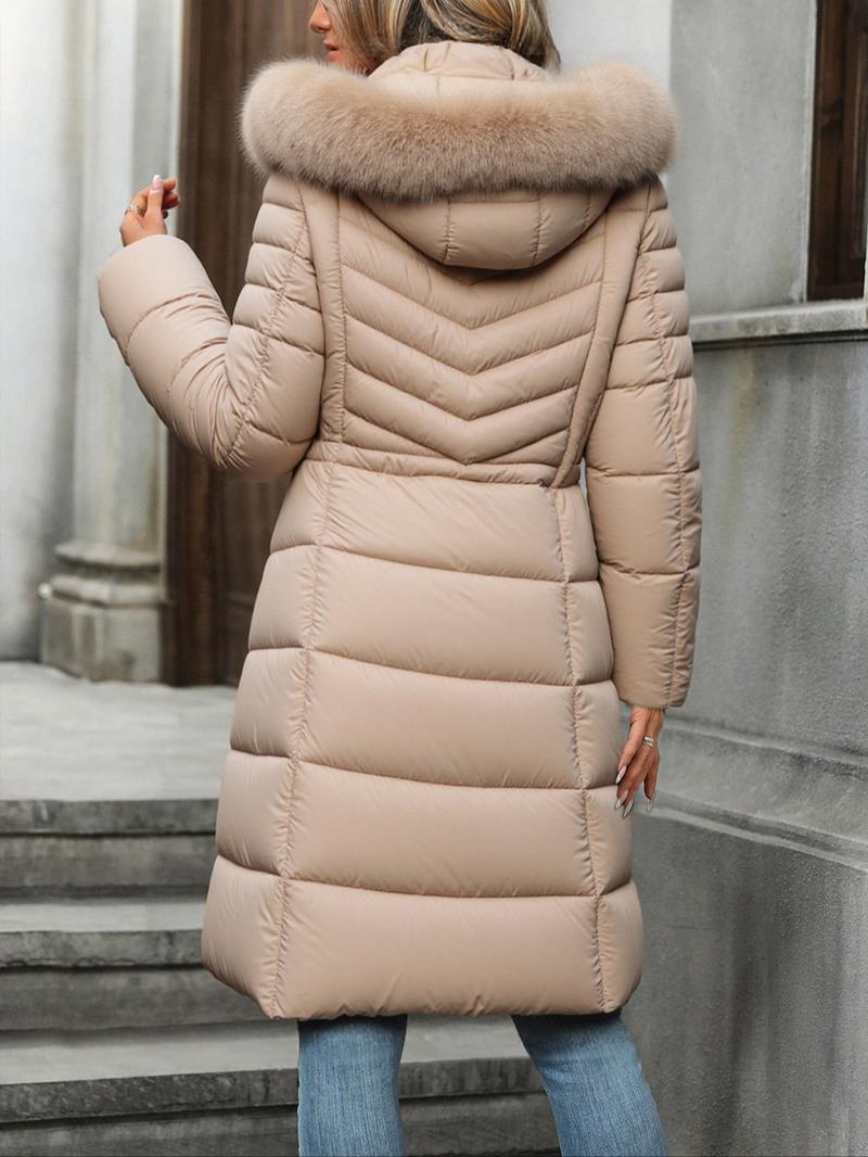 Women's Fall Winter Mid-Length Cotton Coat, Faux Fur Hood and Collar, Casual Fashion Outerwear with Side Pockets and Zipper Design, Quilted Puffer Coat