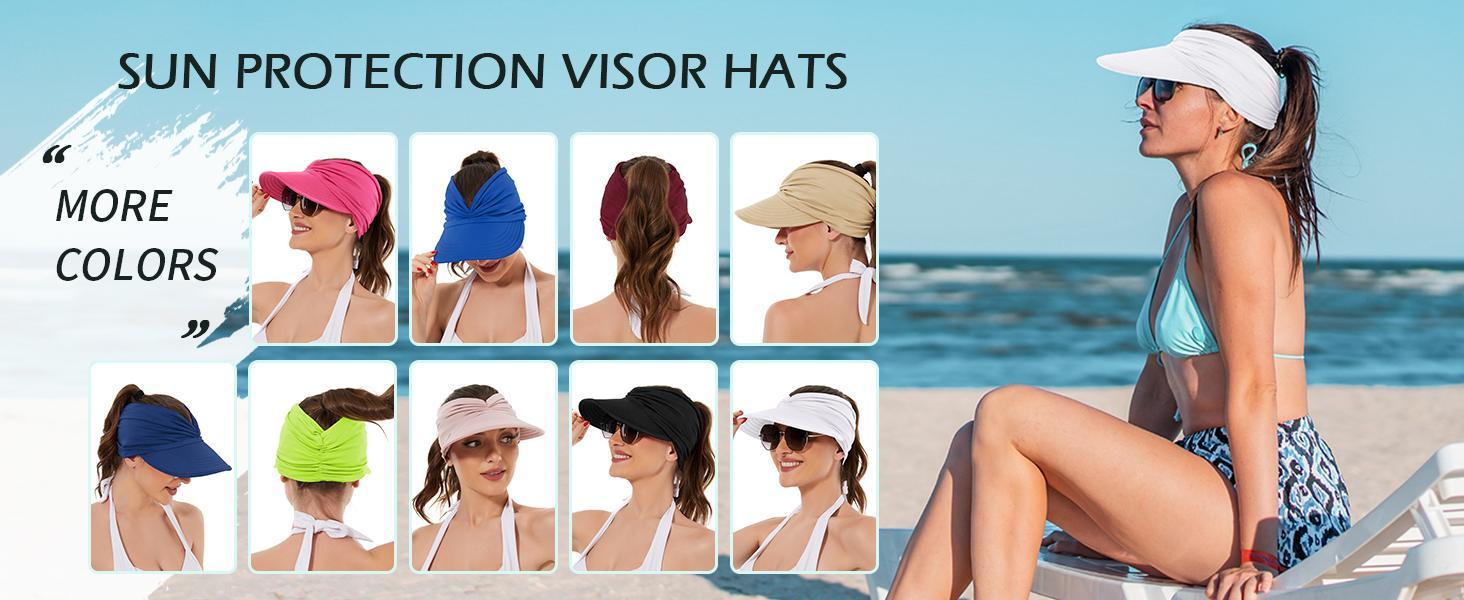 Women's UPF 50+ Sun Visor Hat, Wide Brim UV Protection Ponytail Cap for Beach, Golf, Hiking and Outdoor Travel, Lightweight Summer Sun Hat for Daily Casual Wear