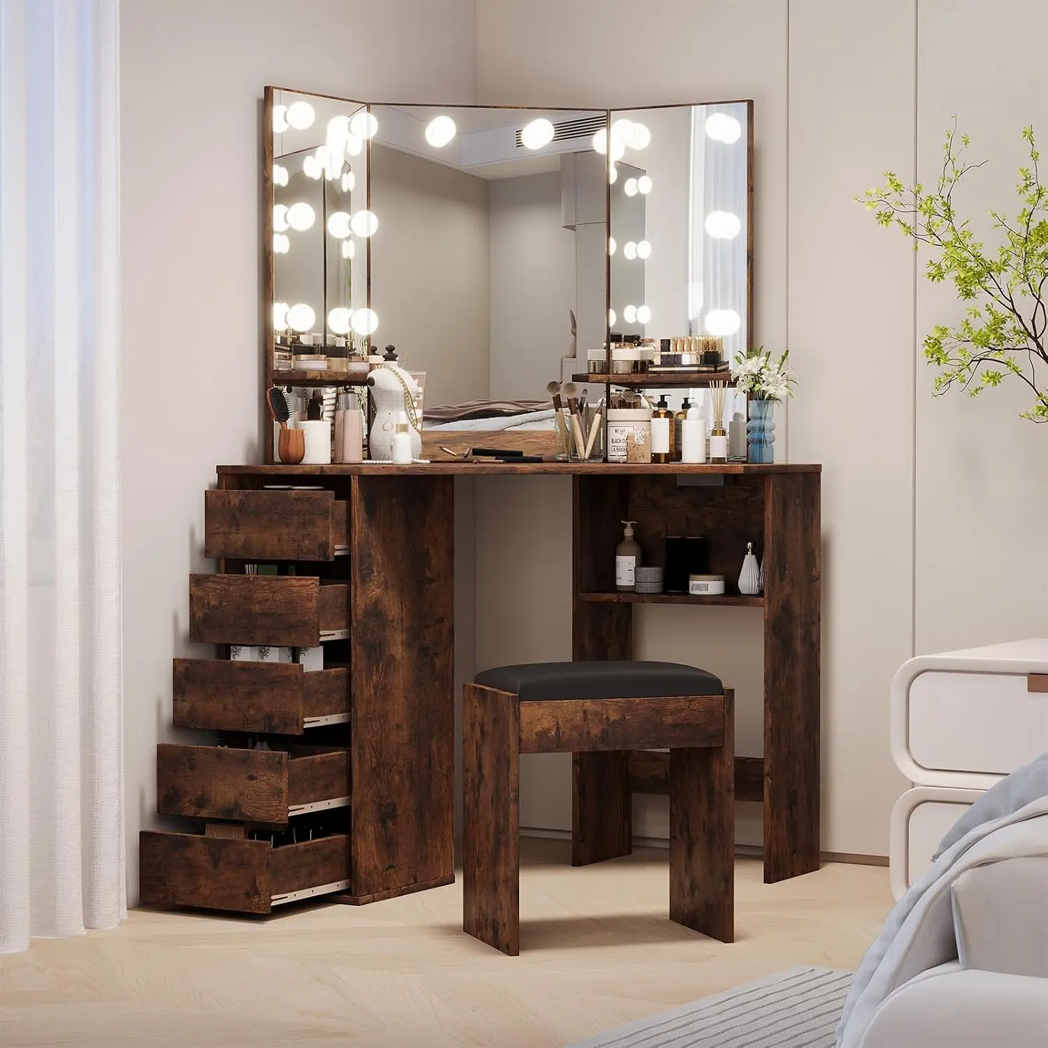 Corner Vanity and Stool, Corner Vanity Desk with Mirror and Lights | Corner Makeup Vanity with Power Outlet, 3 Color & Brightness Adjustable Light, Makeup Vanity for Girls, Dark Brown