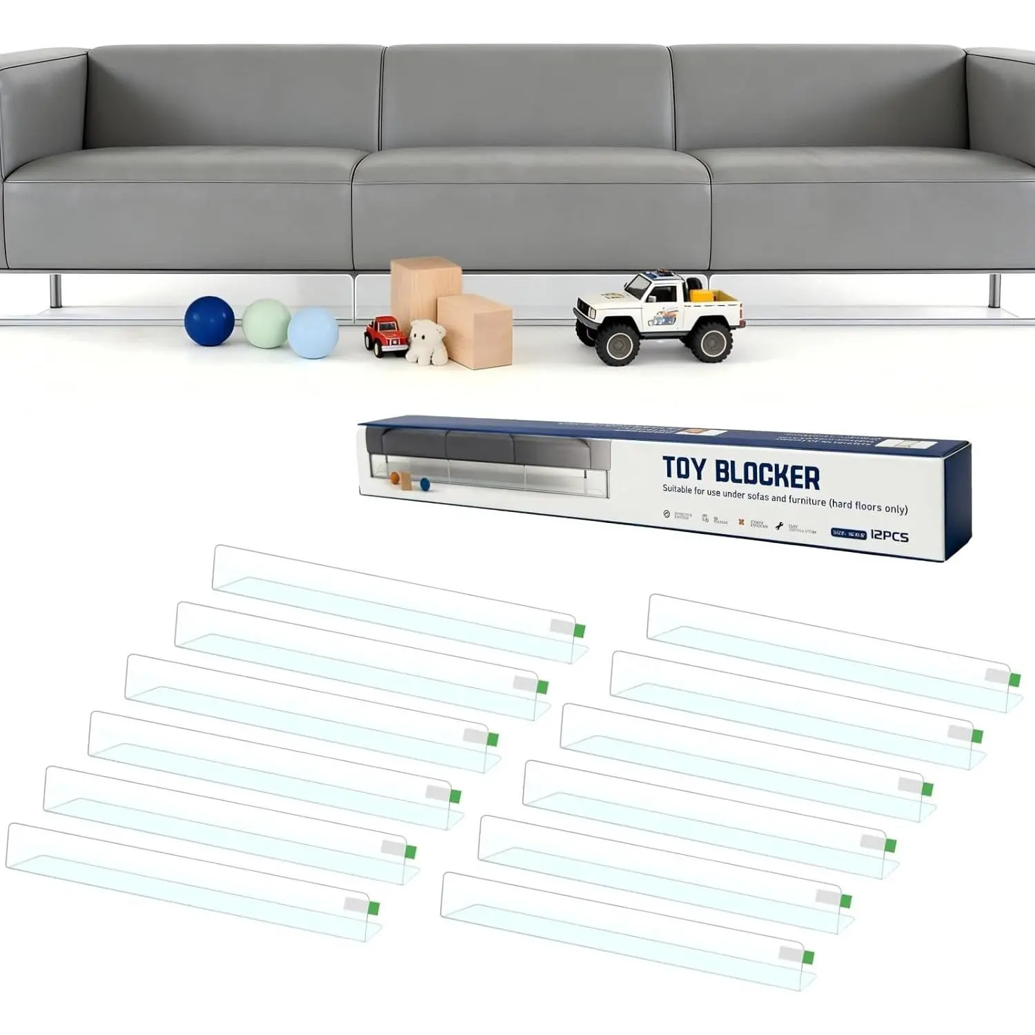 Under Couch Blocker 12-Pack, 15.8" L x 1.6" H, Total 190" L | Clear, Adjustable Gap Bumper, Keeps Kids' & Pets' Toys From Going Under Sofa and Bed