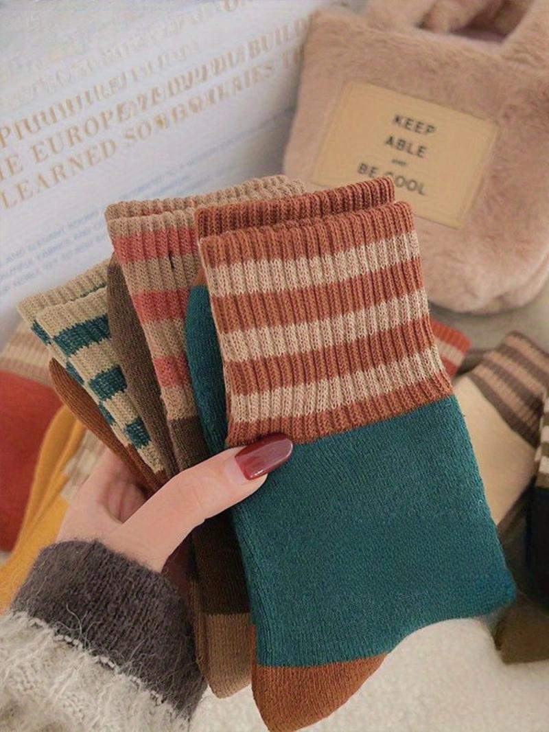 Thermal Lined Colorblock Striped Women's Socks, Soft Comfy Breathable Casual Socks for Daily Wear in Fall & Winter.