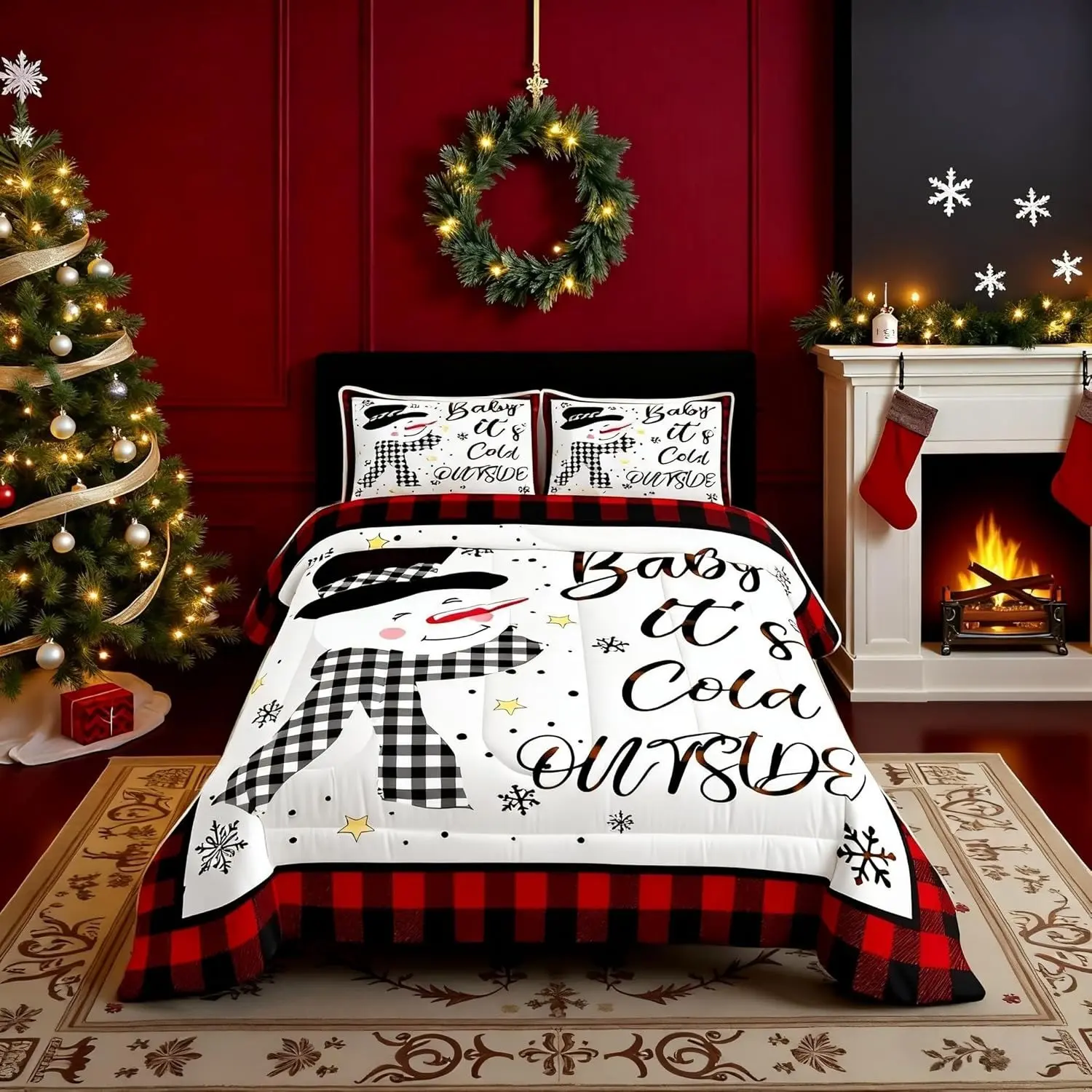 Children's Christmas snowman quilt set, 3-piece snowflake bedding set, Christmas decorations for girls, boys, and adults, geometric grid checkered quilt set, including 1 quilt + 2 pillowcases