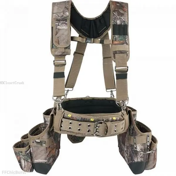 Camo Tool Belt with Suspenders Camouflage Tool Bag Supenders Framers Comb Apron Tool Belt Construction Tool Pouch Suspenders Heavy Duty Carpenter Suspension Rig for ElectricianH5ClosetCrush