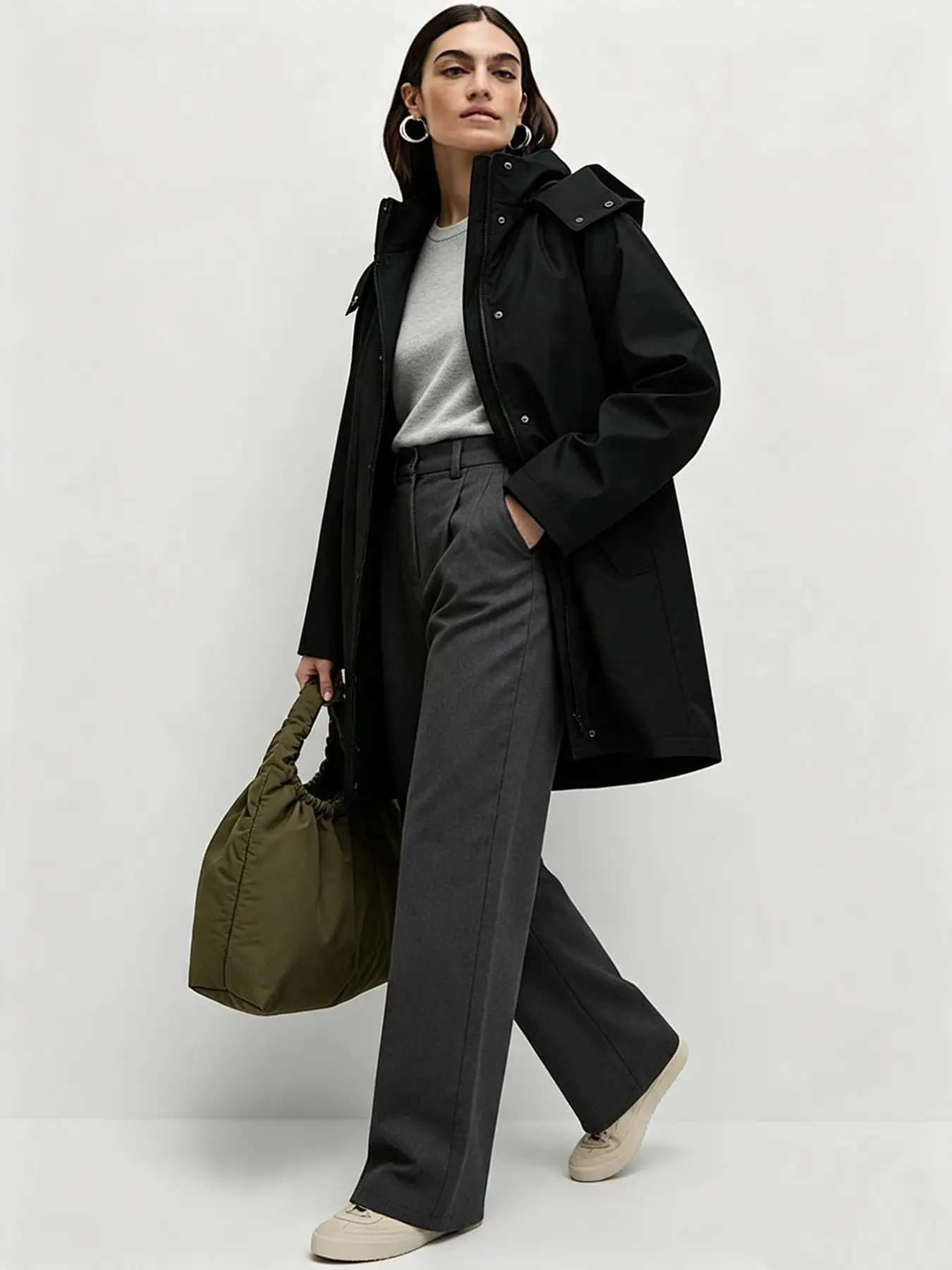 Plus Size Women's minimalist commuting hooded trench coat, Jackets, with a high stand collar and detachable hood, practical large side pockets, medium length loose shoulder design, suitable for basic wear and commuting
