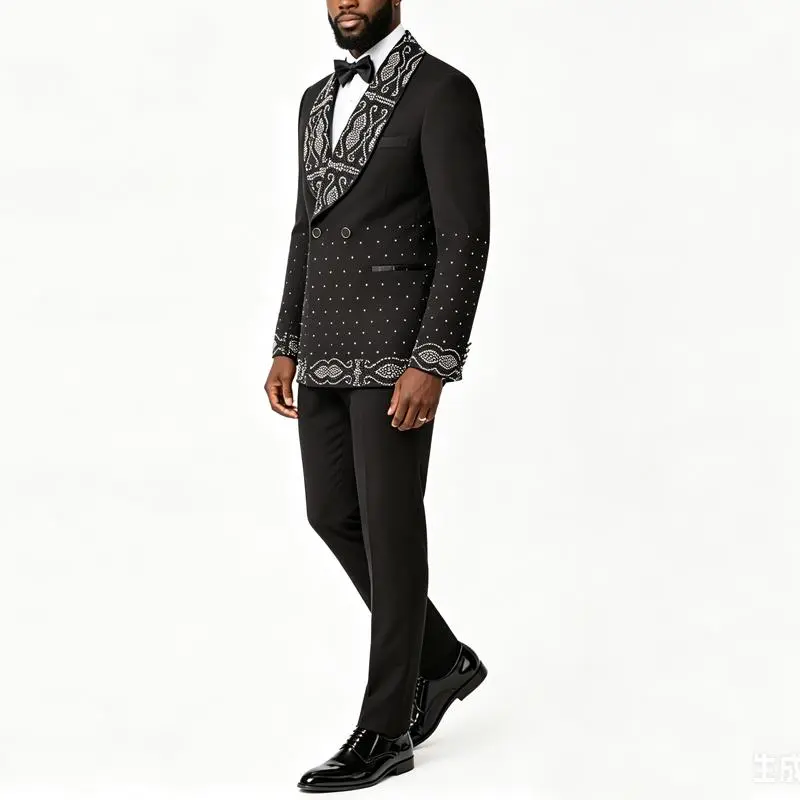 Men’s Fashion Hotfix Rhinestone Wedding Suit for Groom, Shawl Lapel Double Breasted 2-Piece Tuxedo (Jacket + Trousers), Suitable for Wedding, Evening Party & Prom Breathable Classic