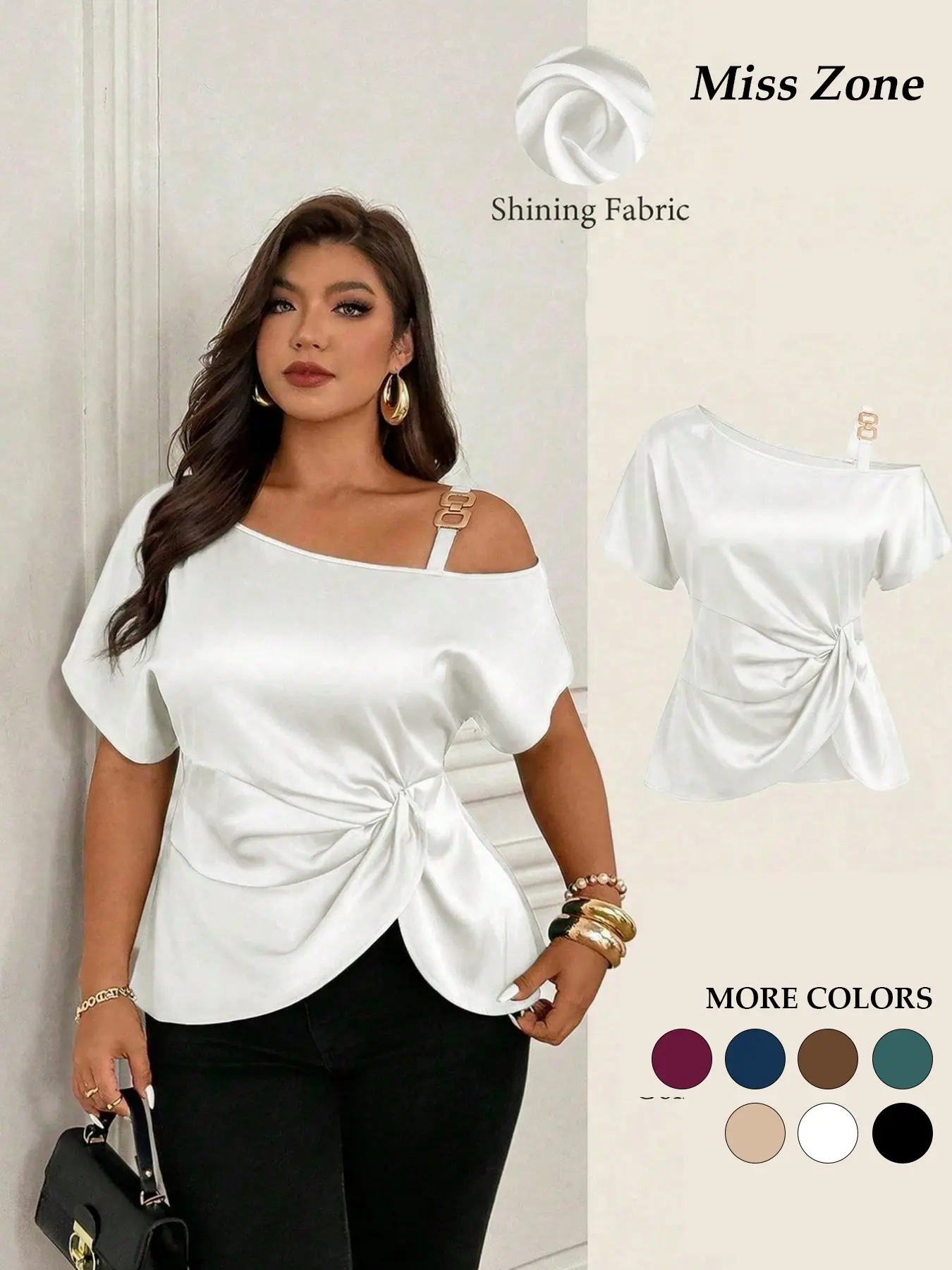 Women's Plus Size Satin Top Asymmetrical Neckline Design Metal Strap Twist Front Short Sleeve Blouse Shirts Chic Elegant Evening Party Workwear Trendy