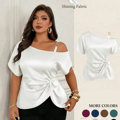 Women's Plus Size Trendy Satin Short Sleeve Top, Asymmetrical Neckline Design Metal Strap Twist Front Blouse, Chic Elegant Shirts for Evening Party Workwear