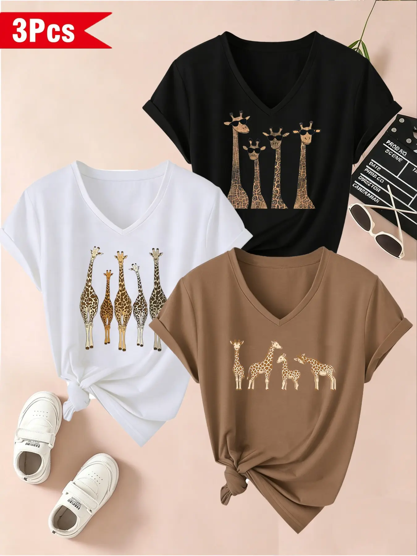Women's 3-Pack V-Neck Short Sleeve T-Shirts, Giraffe Cartoon Print, Soft Knit Fabric, All Seasons, Casual Style