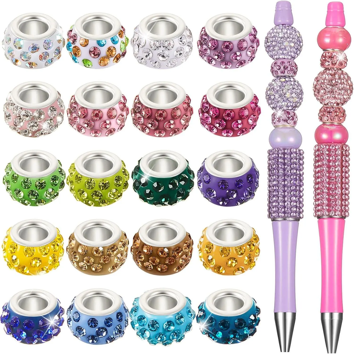 120 count Large Hole Beads 11 mm European   Spacer Rhinestone Colorful European Beads for Pens Making Bulk Beadable Pens  Making Supplies DIY Crafts Bracelet(Bright Color)