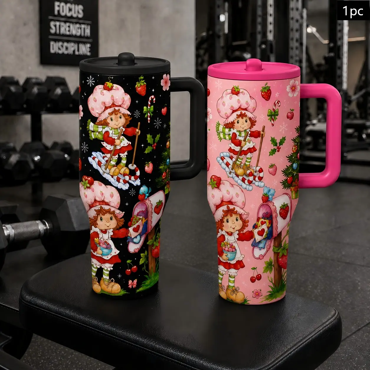 1PC 40oz Christmas Strawberry Girl Pattern Insulated Stainless Tumbler with Handle & Leak-Proof Lid, Double Wall Vacuum Travel Mug, Hot 12H Cold 24H, Large Capacity Cup for Men Women, Christmas Holiday Gift