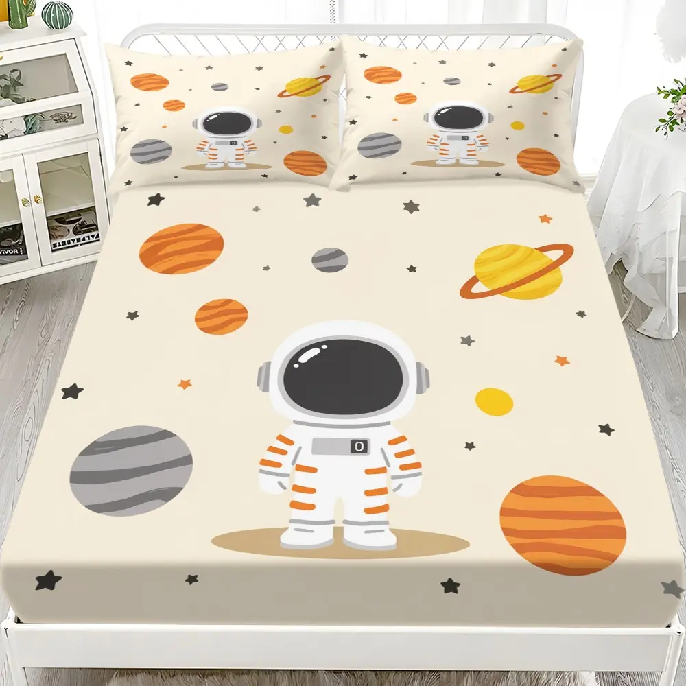3-Piece Set Modern Space Theme Bed Sheet, Base with Astronaut, Planet, Star Prints, Bedroom Decor, Includes 1 Duvet Cover and 2 Pillowcases