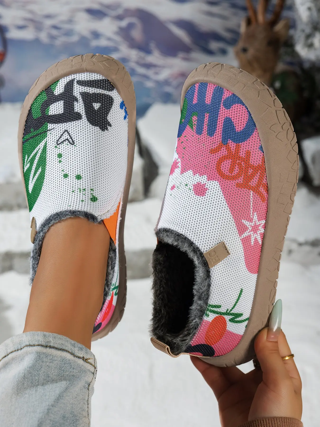 Graffiti Fuzzy Cotton Shoes, Women's Slip-On Fuzzy Sneakers, Dual-Sided Unique Design, Fall & Winter Anti-Slip Warm Home & Outdoors Wear
