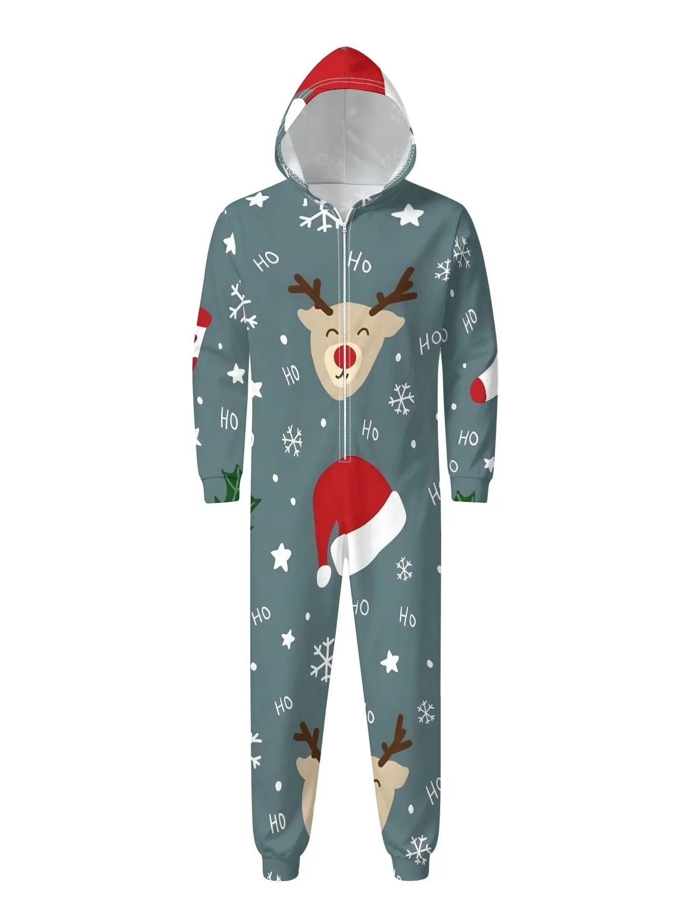 Men's Christmas Reindeer Hooded Jumpsuit, Digital Print Zipper Design, Winter Home Wear, Festival Party Costume, Funny One-Piece Sleepwear