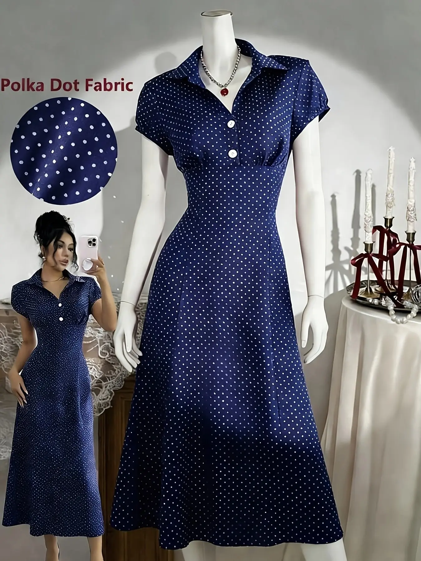 Plus Size Polka Dot Shirt Collar A-Line Long Dress, Summer Casual Elegant Tea Party French Retro 70s Short Sleeve Fitted Vacation Dress