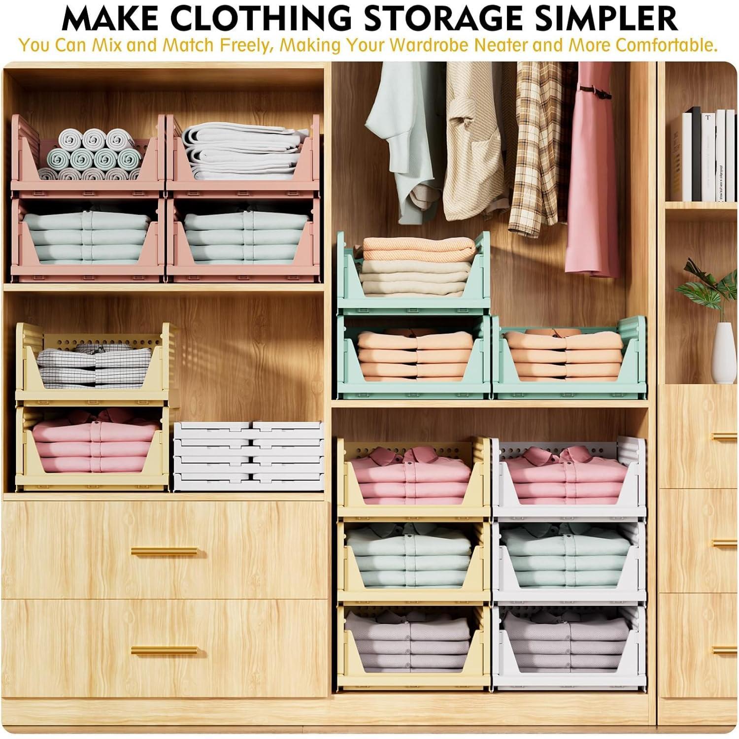 5 Pack Stackable Closet Storage Basket, Multifunctional & Foldable Closet Organizer for Bathroom Kitchen Laundry Room Wardrobe Storage, Space-Saving Clothes Storage Drawer Organizer, White