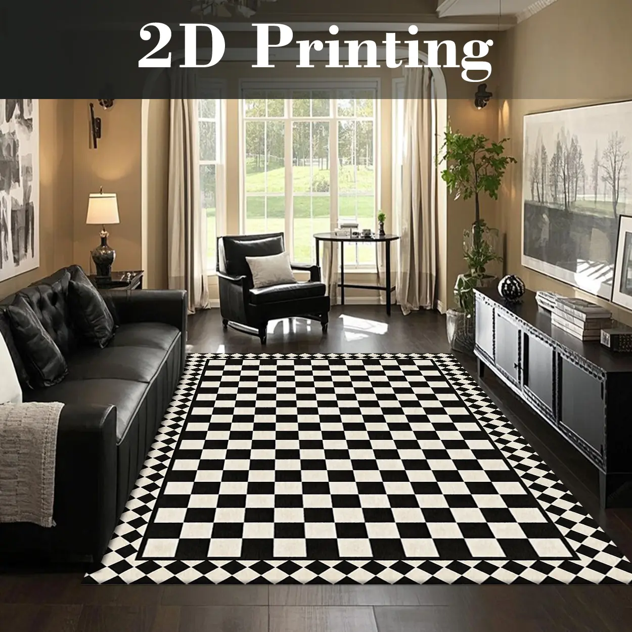 Local Delivery, Multiple Sizes Washable Non Slip Checkered Area Rug for Living Room, Modern Farmhouse Style Rug