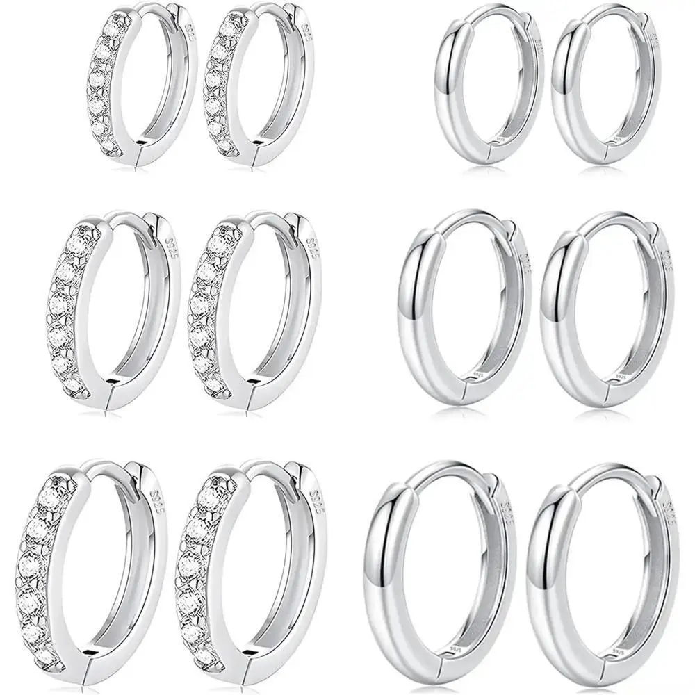 6 Pairs Silver Hoop Earrings Set, Stainless Steel Huggies with Cubic Zirconia for Multiple Piercings, 8/10/12mm Waterproof & Hypoallergenic for Daily Wear