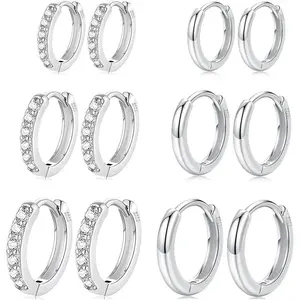 6 Pairs Silver Hoop Earrings Set, Stainless Steel Huggies with Cubic Zirconia for Multiple Piercings, 8/10/12mm Waterproof & Hypoallergenic for Daily Wear