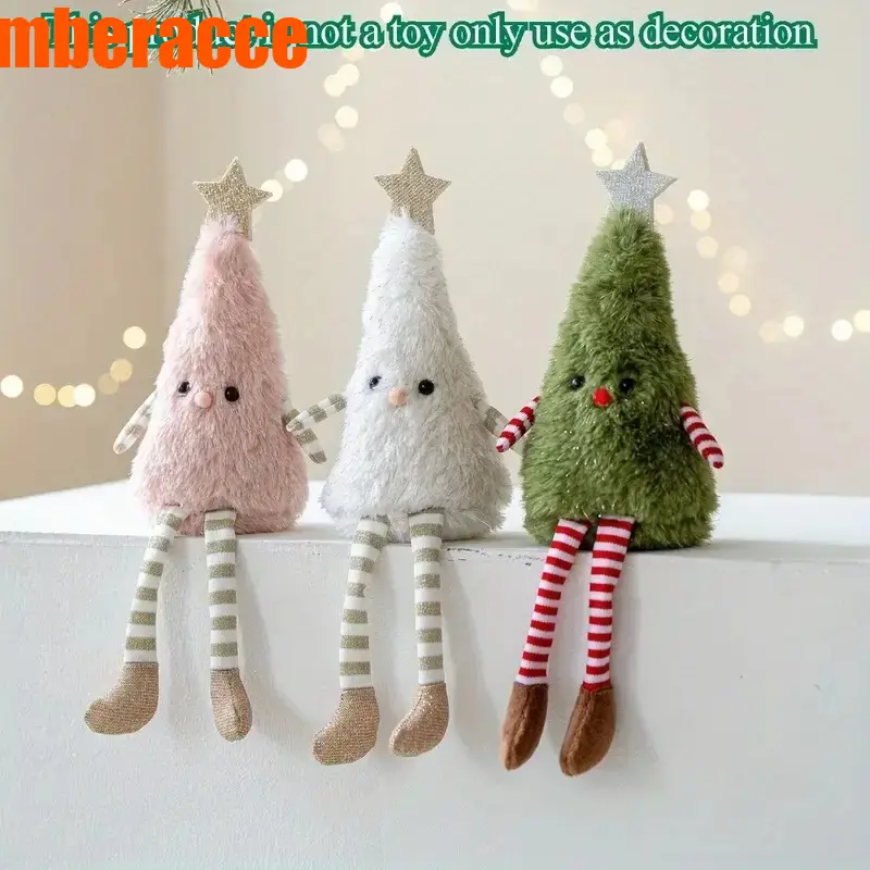Cute Plush Christmas Tree Ornament, Christmas Tree Decor with Star & Striped Socks, Soft Fabric Holiday Decoration, Cozy Christmas Home Decor for Living Room, Window & Bedroom