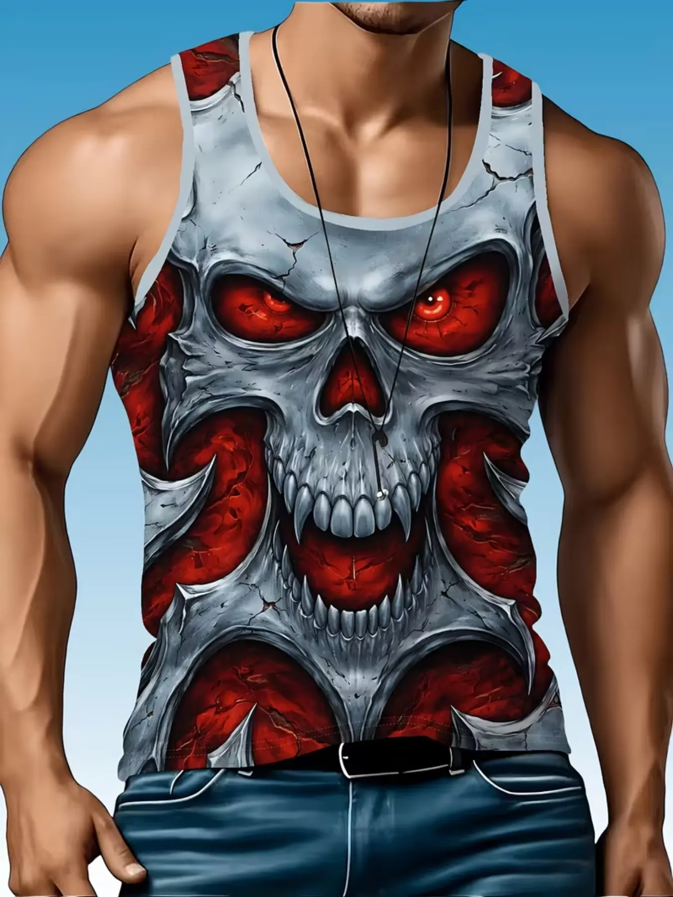 Men's Latest Skull Print Tank Top, Summer Casual Loose Sleeveless Shirt, Comfortable Breathable Fitness Wear, Street Style Outdoor Training
