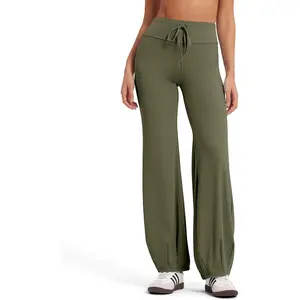 MOOSLOVER Women Bubble Yoga Pants Drawstring Fold Over Wide Leg Leggings Casual Lounge Pilates Pant