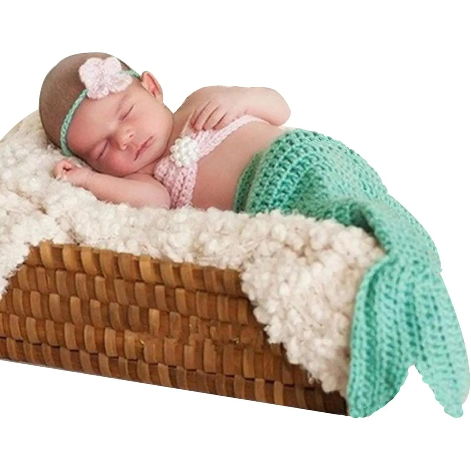 L-HDW016 Handmade Crochet Newborn Mermaid Costume Set - Adjustable Fishtail, Headband, Bra, Aquamarine Kids' Photo Prop, Newborn Gift Set, Unique Gift for Precious Childhood Memory, Newborn Outfits Set, Crocheted Look