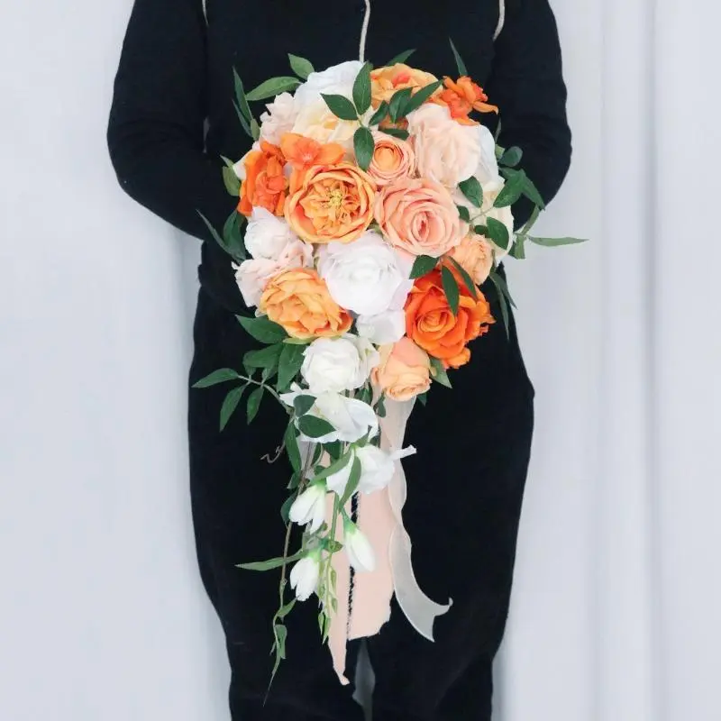 Artificial Waterfall Floral Bridal Bouquet, Cascading Fake Flower Arrangement for Wedding Party Photo, Centerpiece, Wall Decoration