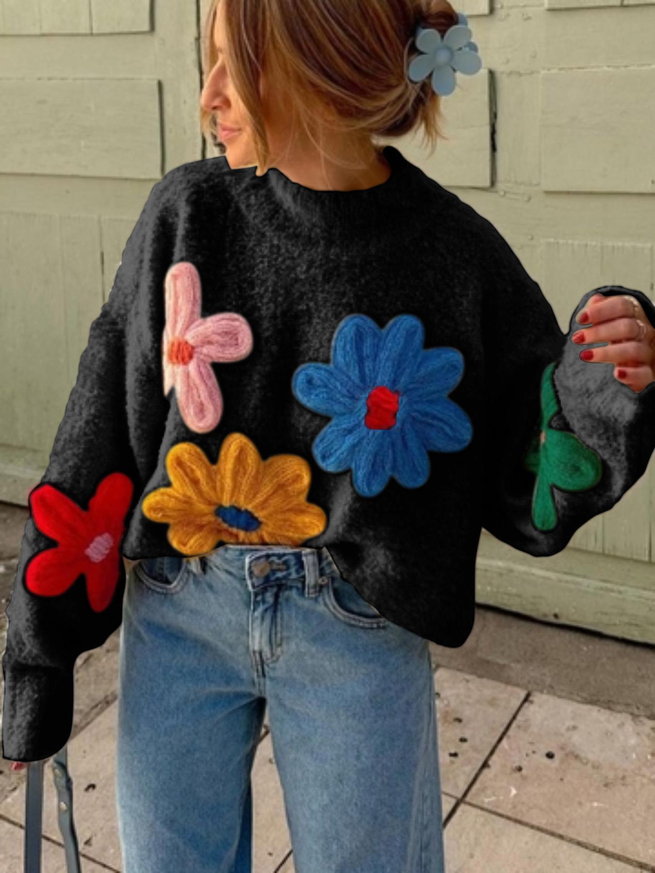 Plus Size Colorblock Floral Embroidered Drop Shoulder Sweater Pullover Knitwear, Casual Long Sleeve Mock Neck Jumper for Fall & Winter, Women's Plus Clothing for Daily Wear