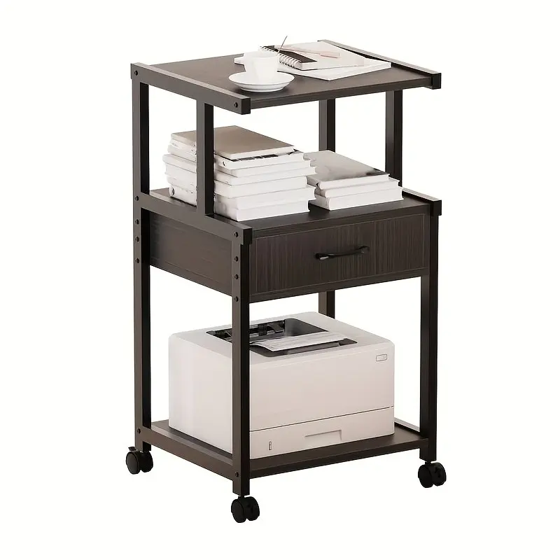 Three-Tier Printer Stand with Storage Drawers, Rolling Printing Table for Home Office, Multifunctional Storage Rack for Large Printers