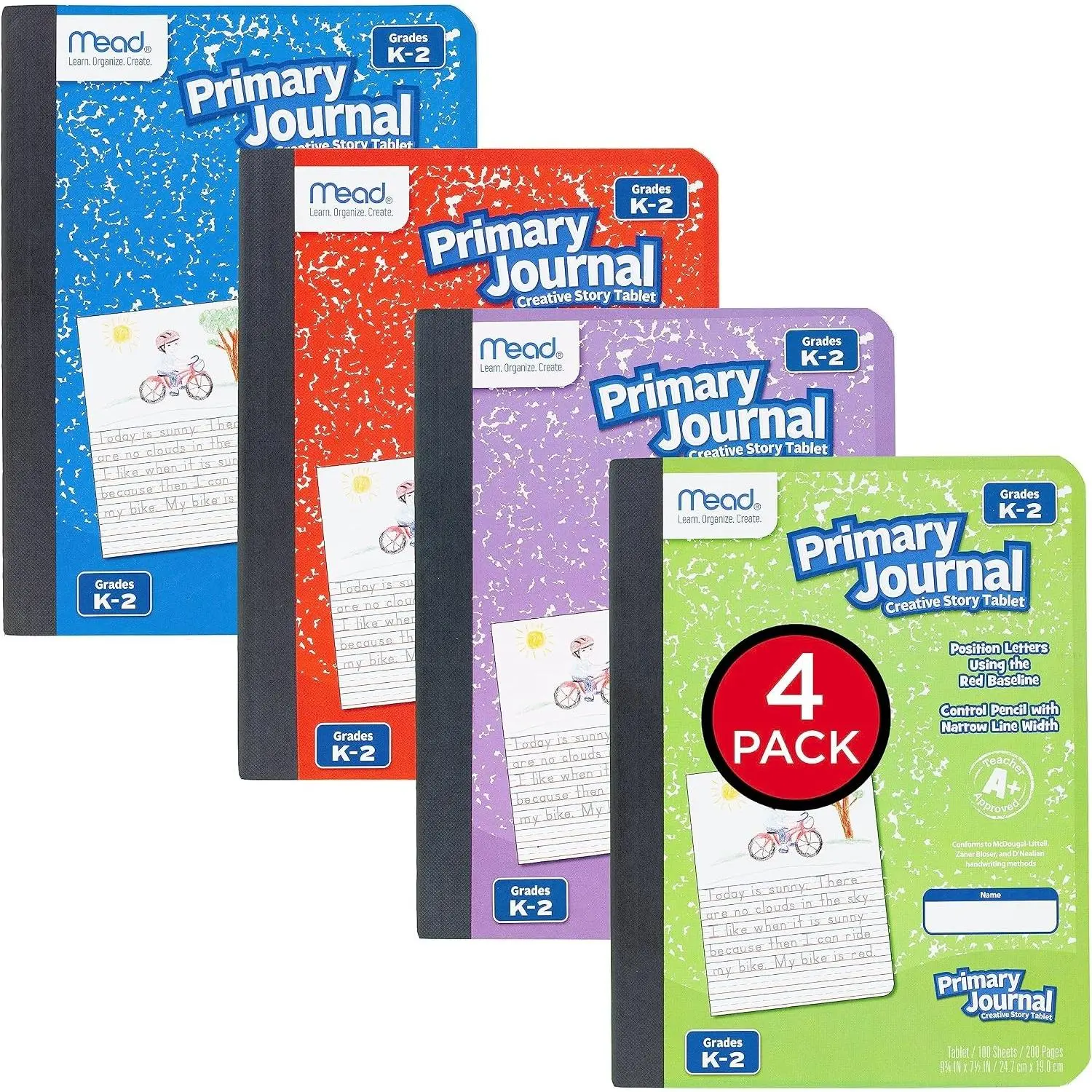 Mead Primary Journal Creative Story Tablet Composition Notebook, 7.5" x 9.75", Grades K-2, 100 Sheets, 4 Pack, Assorted Colors (610051-ECM)