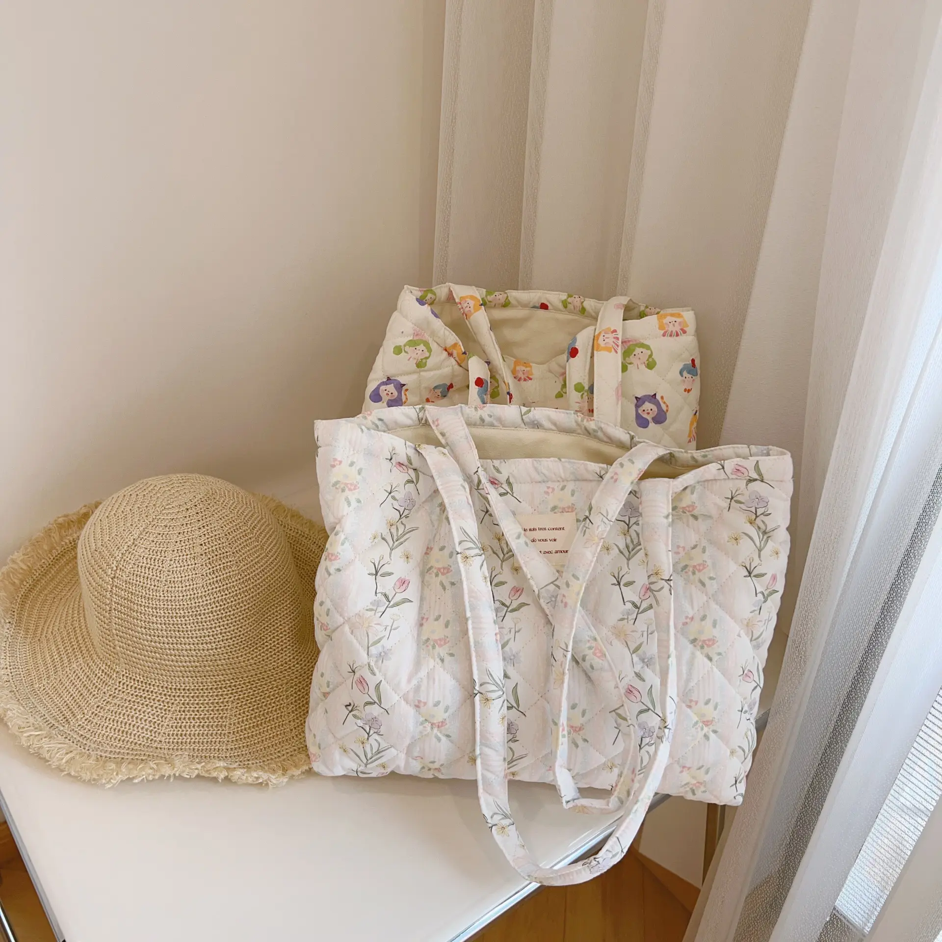 French Floral Quilted Puffer Tote Bag, Large Capacity Soft Shoulder Bag, Lazy Style Mommy Bag, Casual Book Tote Handbag for Women