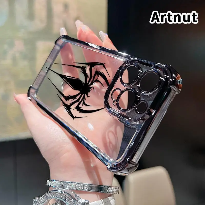 Electroplated Four Corner Anti-Fall Shadow Spider Pattern Phone Case for iPhone 17 16 Pro Max 15 Plus Air 14 13 12 11 E Shockproof Transparent Protective Cover