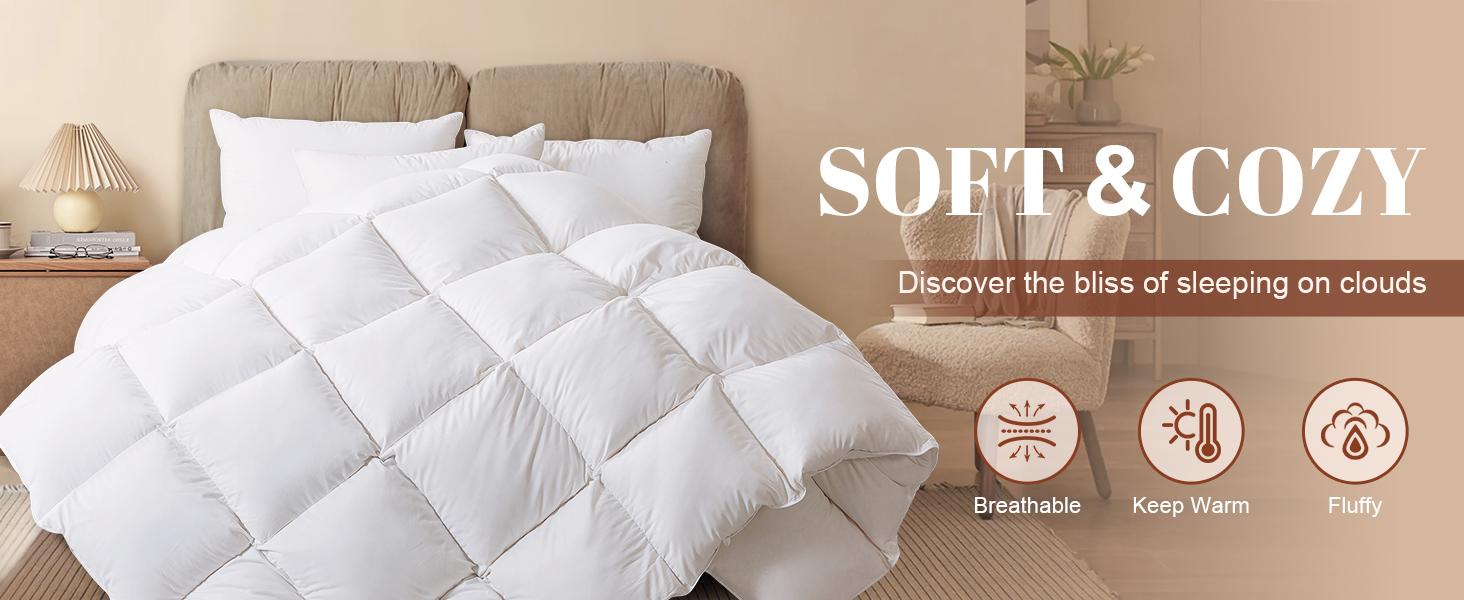 Feather Comforter,Filled with Feather and Down Fiber, White King Size All Season Duvet Insert, Luxurious Hotel Bed Comforter, 100% Cotton Cover,Medium Warmth with Corner Tabs,106x90 Inch