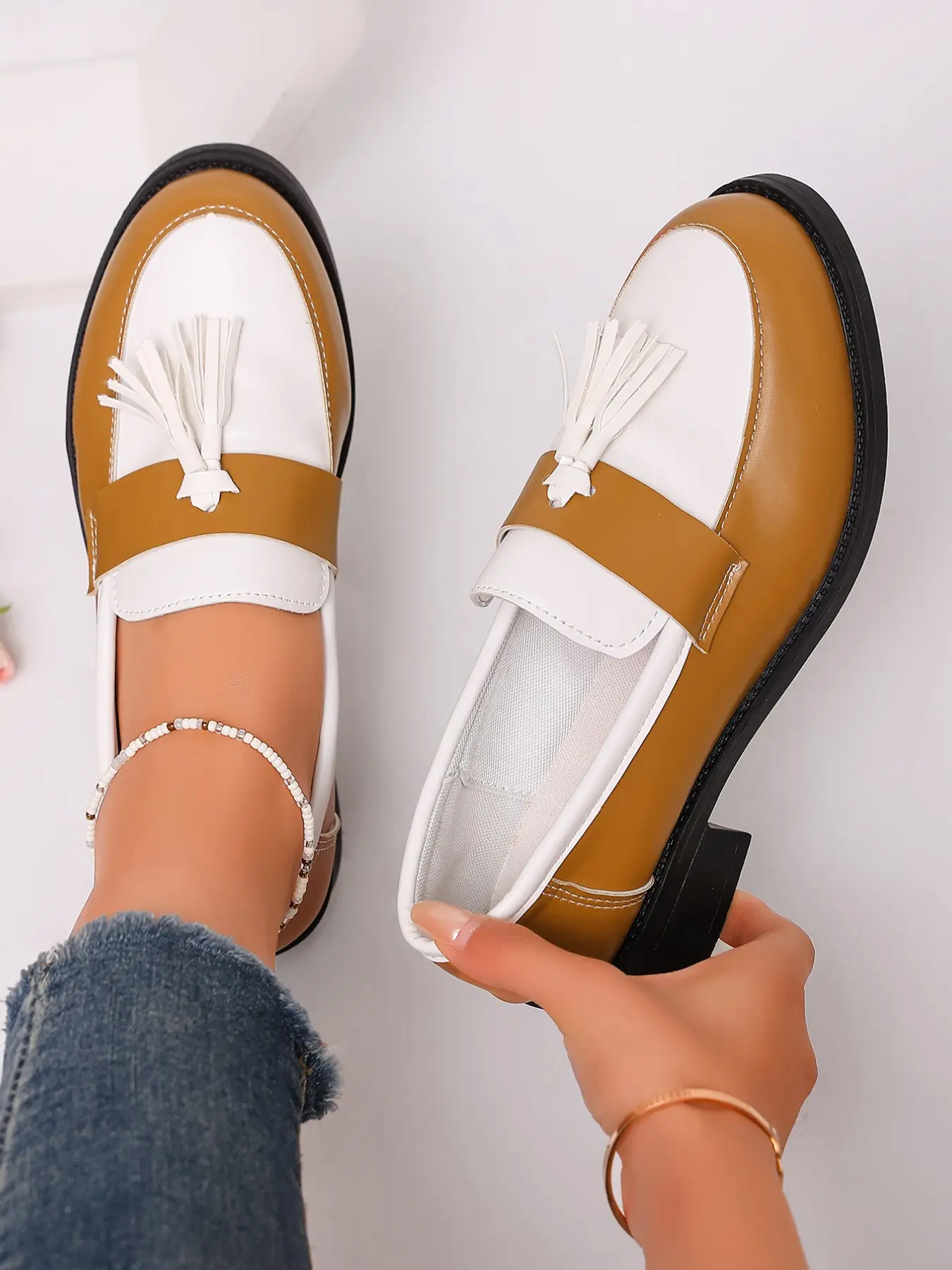 Colorblock Fringe Penny Loafers, British Style Low Heel Slip-On Leather Shoes, Open Toe Retro Women's Casual Office Shoes