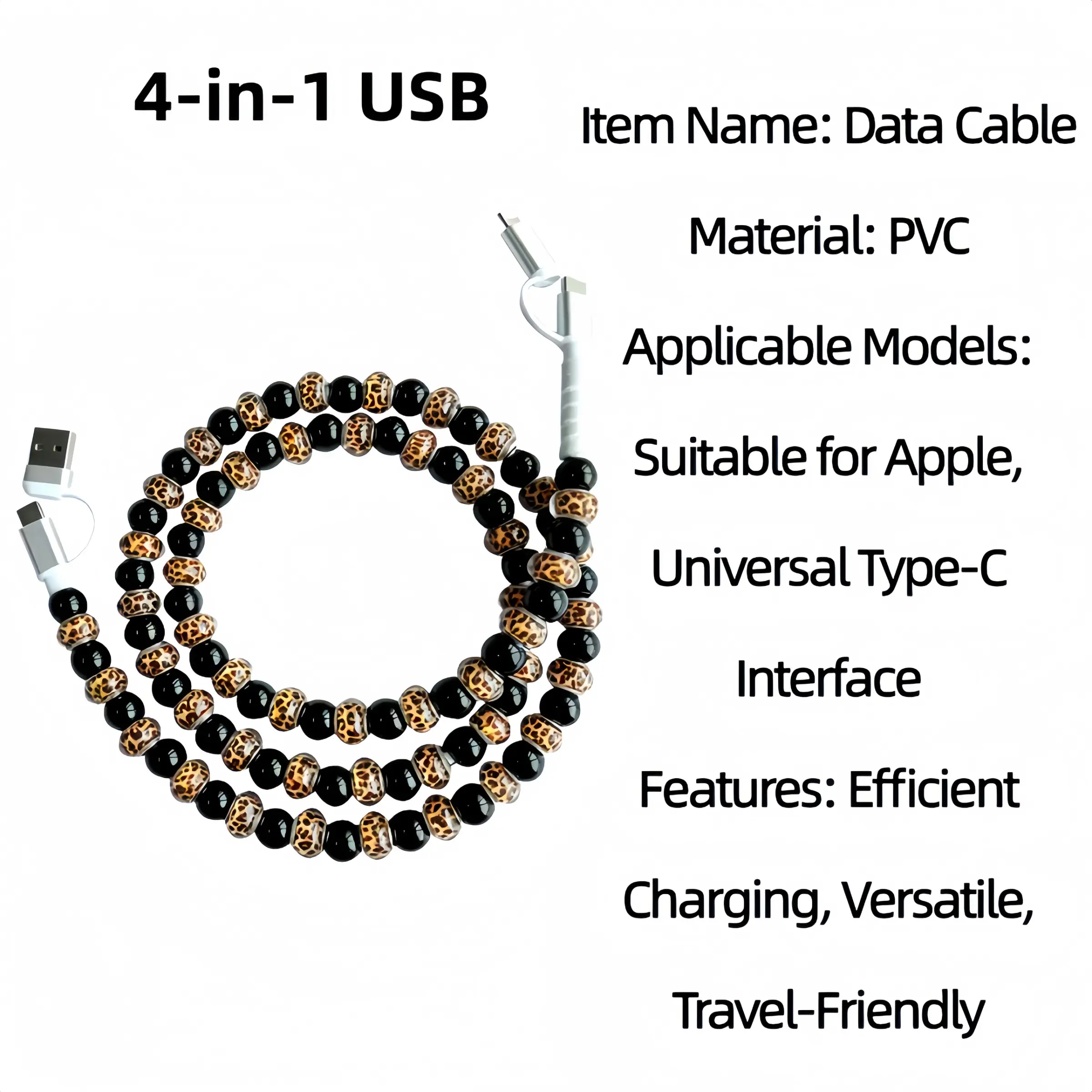 Four-In-One Acrylic Beaded Charging Cable, Compatible with USB-C and Lightning Devices, 3.3 Feet, Ideal for USB Fast Charging, Holiday Gift