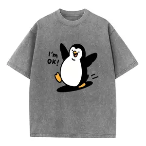 【Super T-Shirt】Summer washed vintage-style T-shirt, happy penguin "I'm OK!" graphic tee, cute cheerful bird print short-sleeve T-shirt, playful streetwear outfit, retro style.