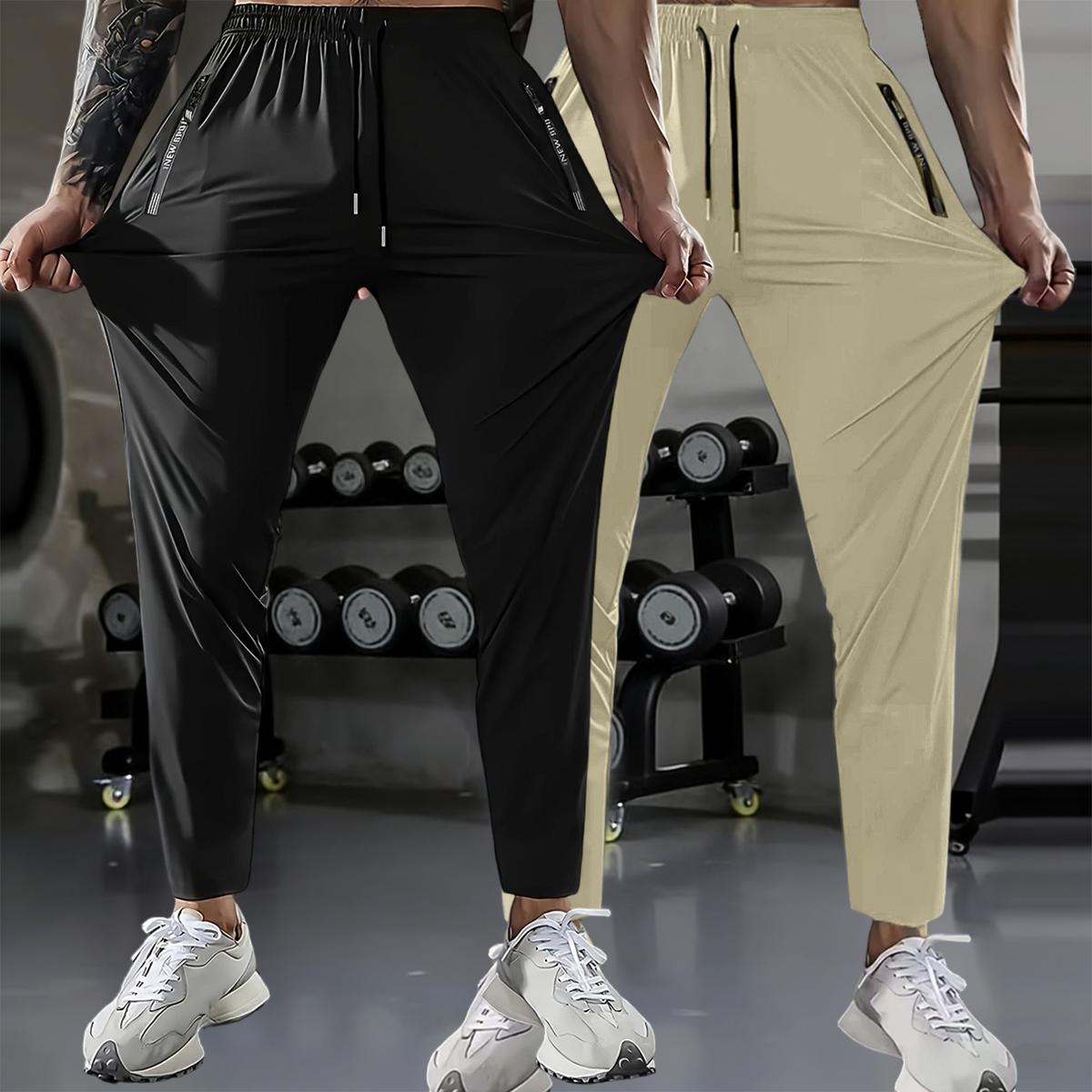 Men's summer quick-dry stretch ice silk long pants, lightweight and breathable sports ice silk long pants, with zipper printed pockets, elastic waistband with drawstring casual pants, suitable for gym workouts, fitness, and hiking