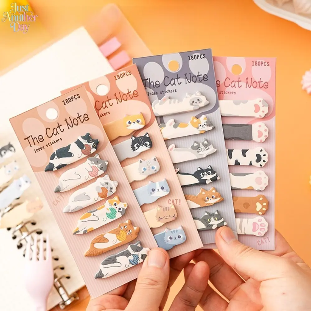 4 Sheets Kawaii Cartoon Sitting Cat Index Sticky Notes, Lovely Animal Shape Page Marker Flags, Removable Self Adhesive Label Tabs for Book Indexing, Planner Sorting, Hand Account Classification and Daily Message Reminder