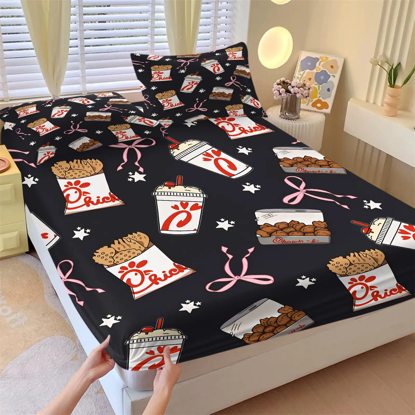 Chick-fil-A Black Base Cartoon Fried Chicken Drink Bow Fitted Sheet Set & 2 Pillowcases, Chicken Nugget Cookie Drink Cup Print, Soft Non-Slip Deep Pockets Bedding, Fun Sweet Style for Teens Bedroom Dorm Decor
