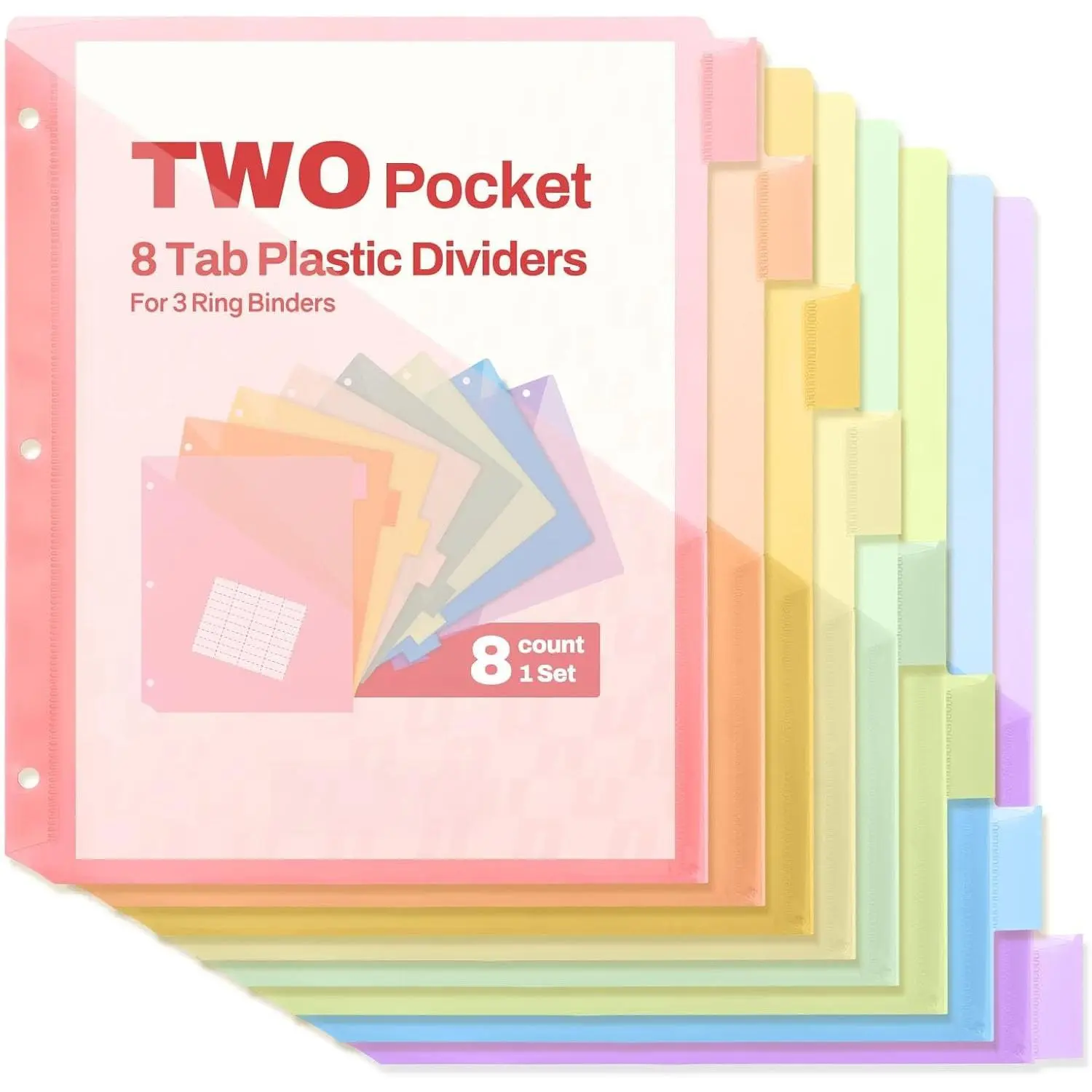 8 Tab Dividers with Pockets, Plastic Dividers for 3 Ring Binder, Subject Dividers with 2 Pockets, Binder Dividers for School Office  Supplies, Soft Color, 1 Set