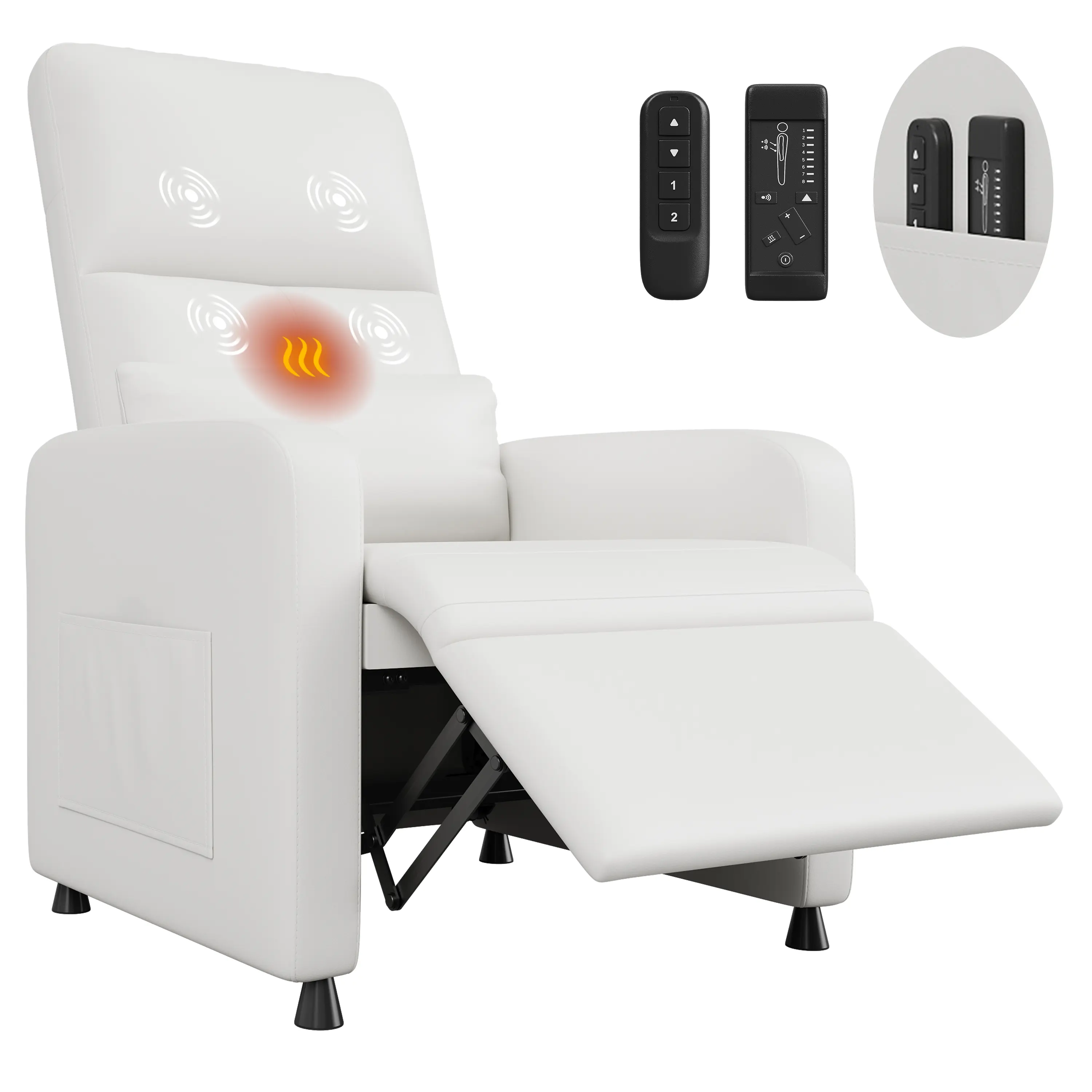 Power Recliner Chair with 4 Point Massage Heat PU Leather Electric Lounge Sofa for Living Room Bedroom Home Theater White
