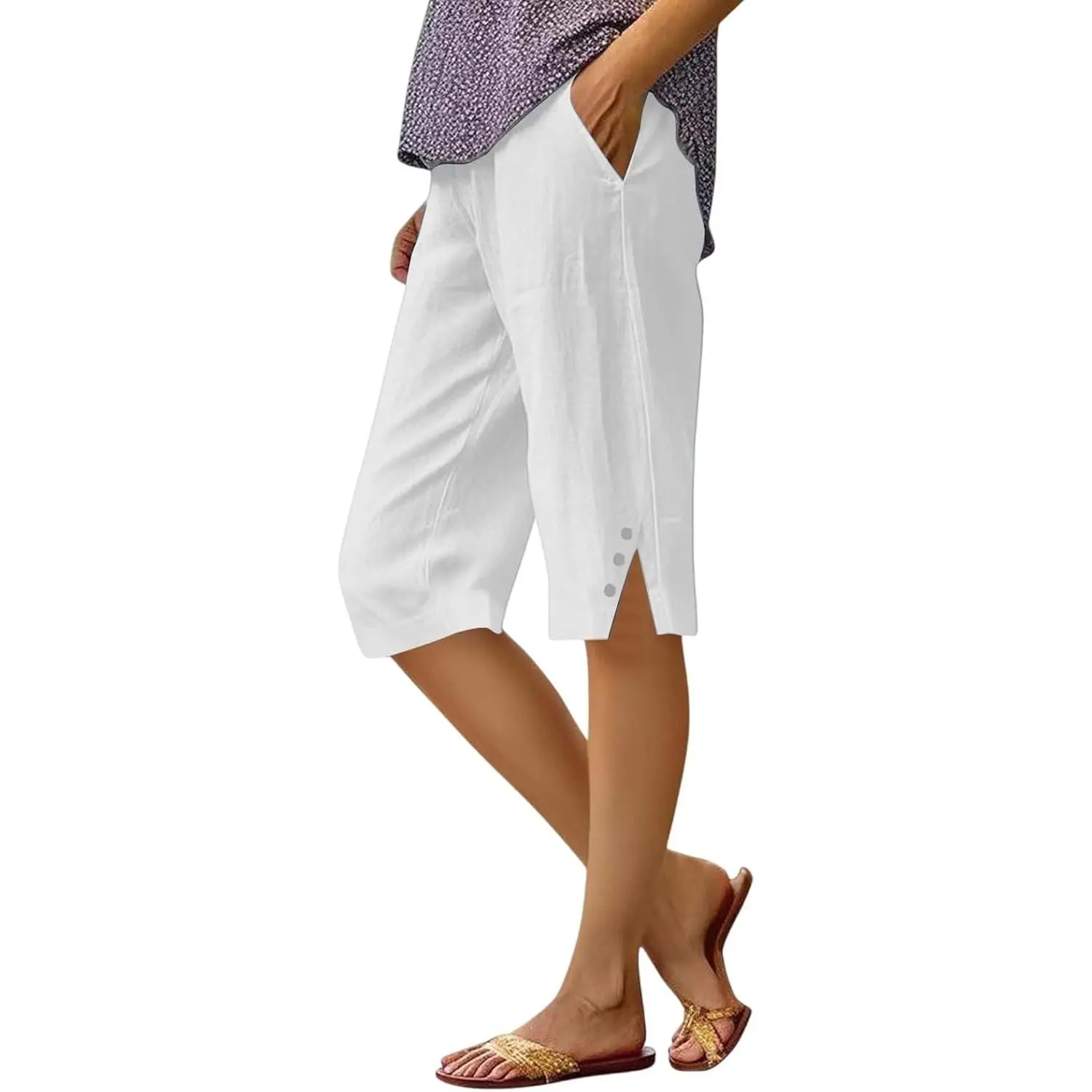 Cotton Linen Capri Pants for Women Petite Bermuda Shorts Knee Length Drawstring Pants Summer Beach Long Shorts