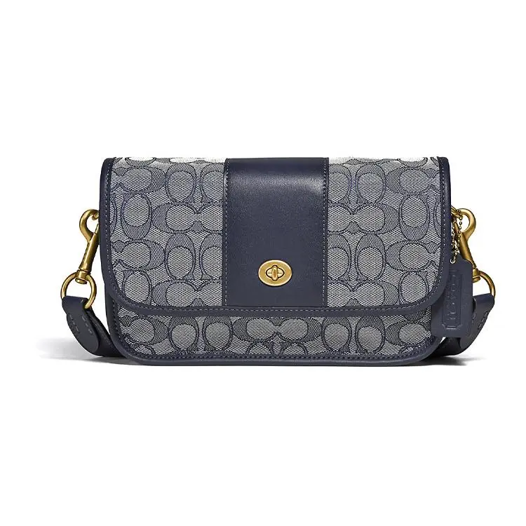 COACH Dinky 23 Classic Logo Print Flap Leather Crossbody Bag for Women, Navy Blue