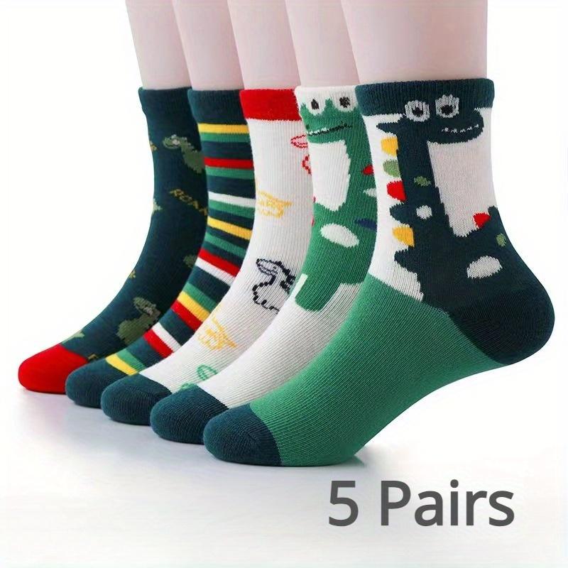 5 Pairs Of Boy's Trendy Cartoon Dinosaur Pattern Crew Socks, Breathable Comfy Casual Style Unisex Socks Kids Outdoor All Seasons Wearing