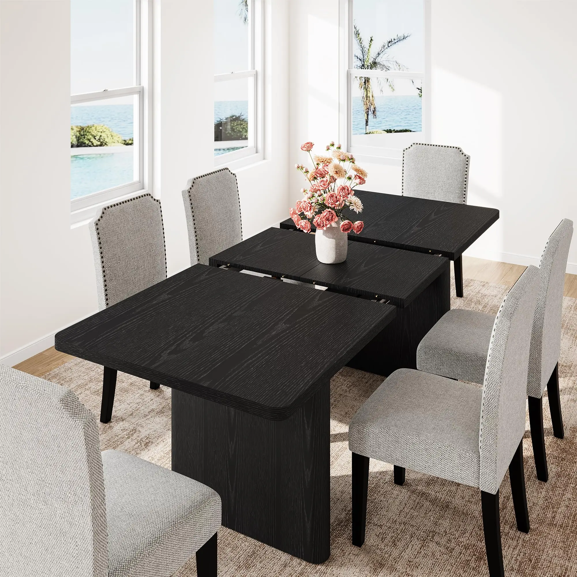 Extendable Dining Table with Rectangular Shape and Rounded Corners, Adjustable Length from 63" to 82.7", Suitable for Seating 6 to 10 People, Versatile and Space-Saving Design
