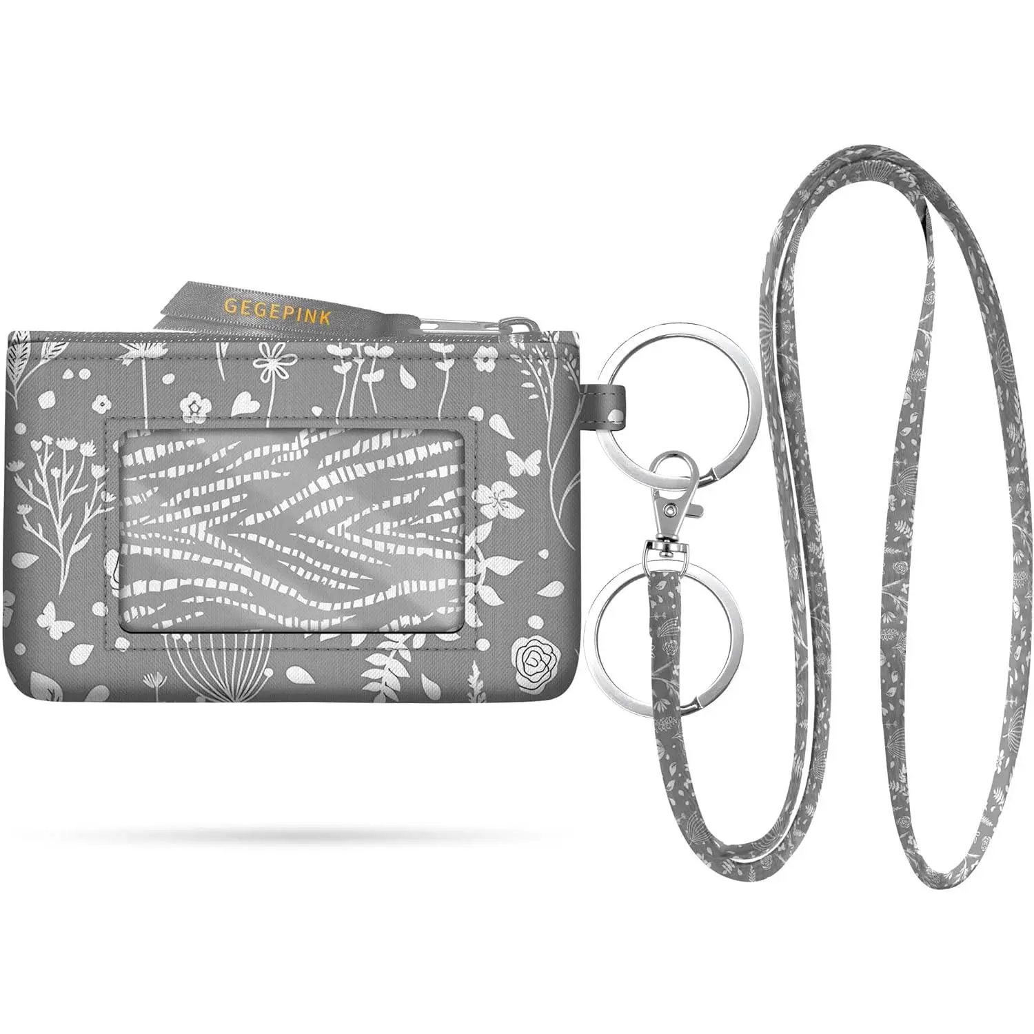 Minimalist Water Resistant ID Case Keychain Wallet with Lanyard Small Coin Pouch with Clear ID Window Cute Zipper Grey Flower Coin Pouch