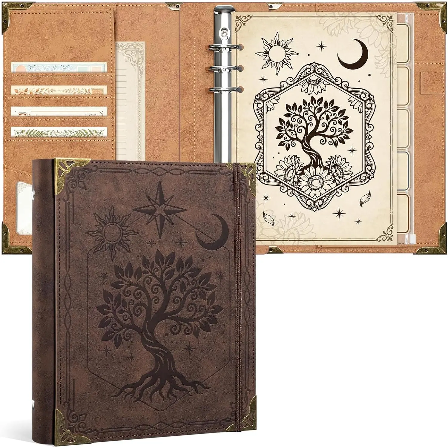 A5 Journal Binder, PU Leather 6 Ring Binder Cover with Dividers & Zipper Pouch, Refillable Planner Organizer for Diary & Budgeting Green Tree